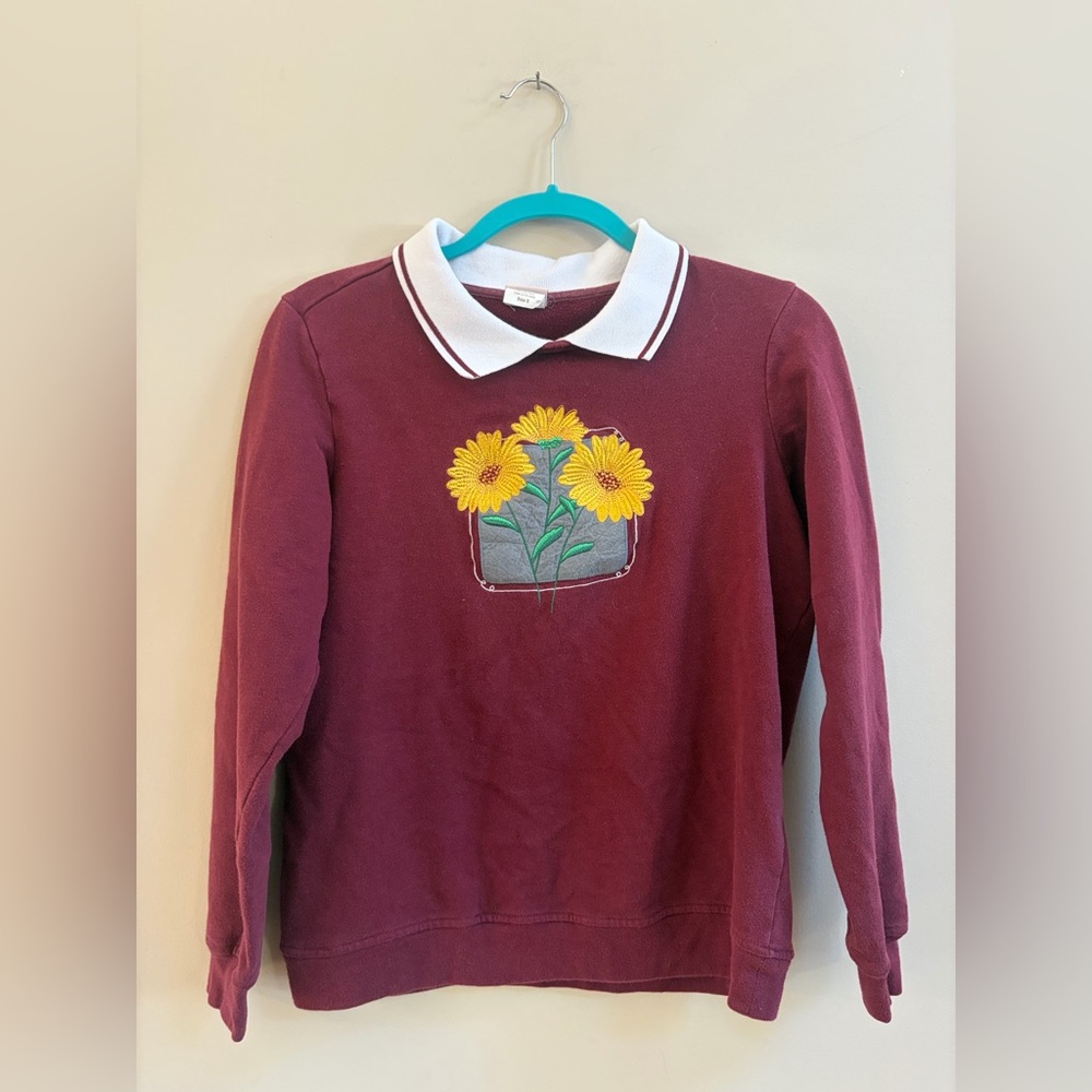 Adrian Delafield Vintage Sunflower Embroidered Long Sleeve Cottage Sweater Top